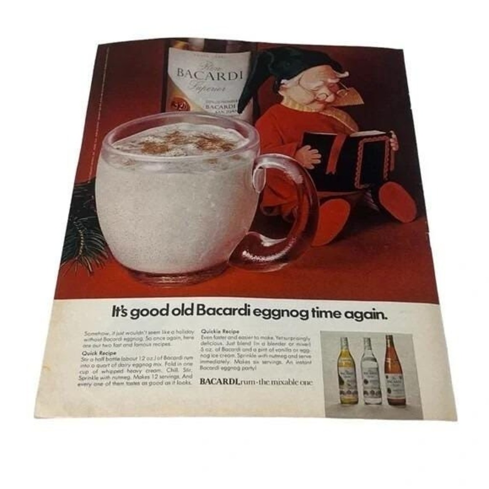 1970 It's Good Old Bacardi Egg Nog Time Again Original Vintage Print Ad